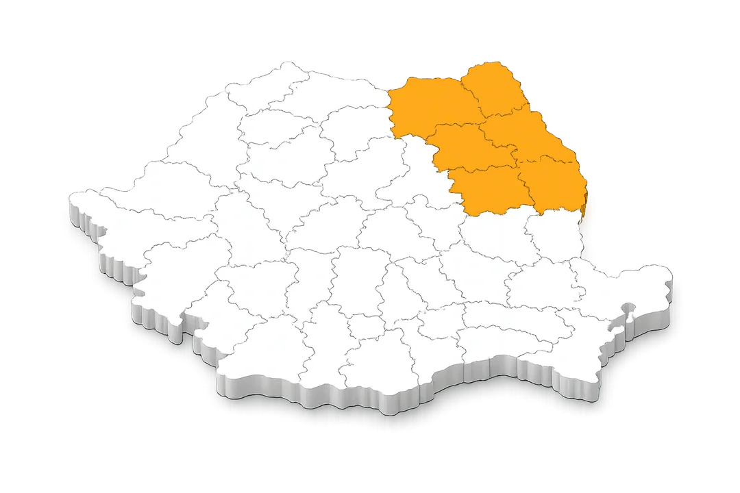 Hartă cu județele de activitate VeriMetrica: Bacău, Botoșani, Iași, Neamț, Vaslui și Suceava